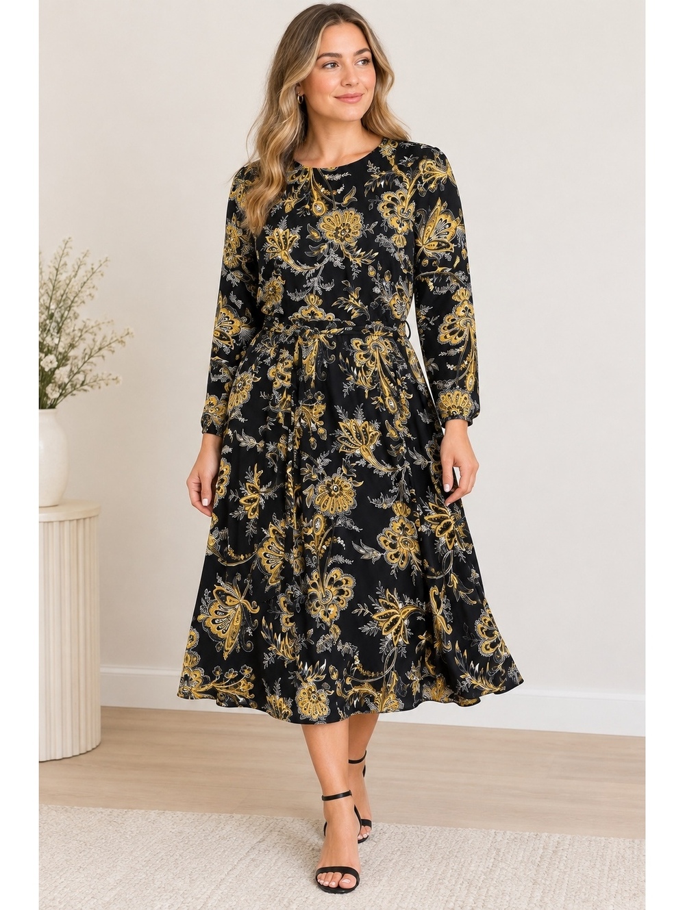 Anne Klein Black and Gold Floral Midi Dress Size 12